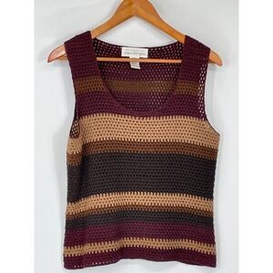 Jones New York Womens M Shell Burgundy Striped Hand Knit 100% Linen Crochet